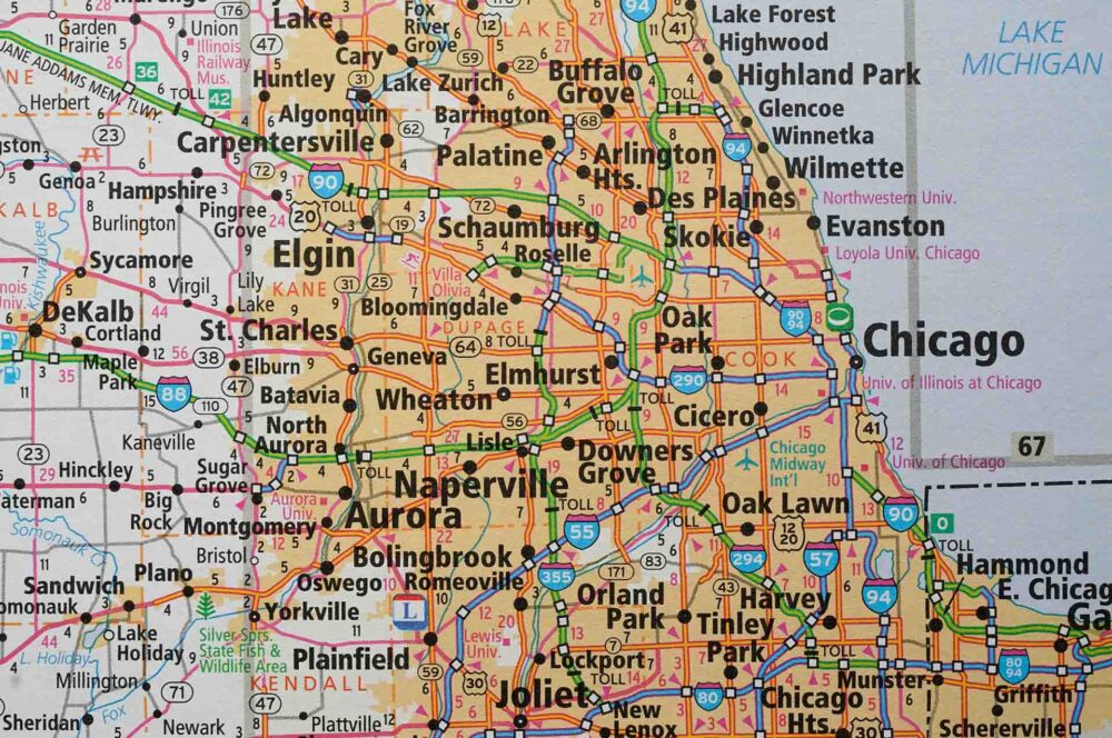 Map of Chicago, Illinois and the surrounding suburbs