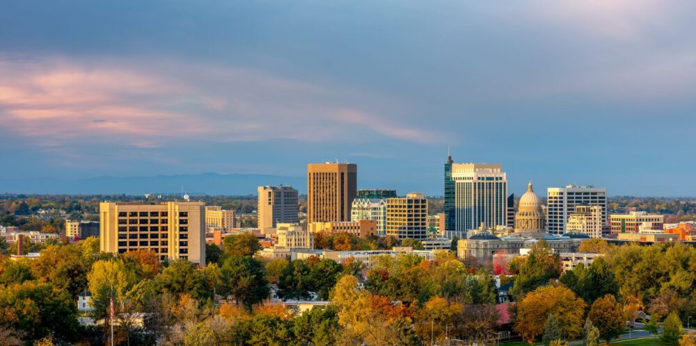 An aerial view of Boise, Idaho, and its tree line