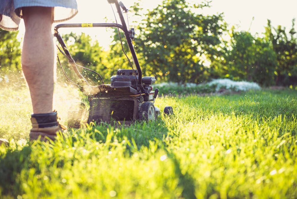 A man using a lawn mower after long-distance moving