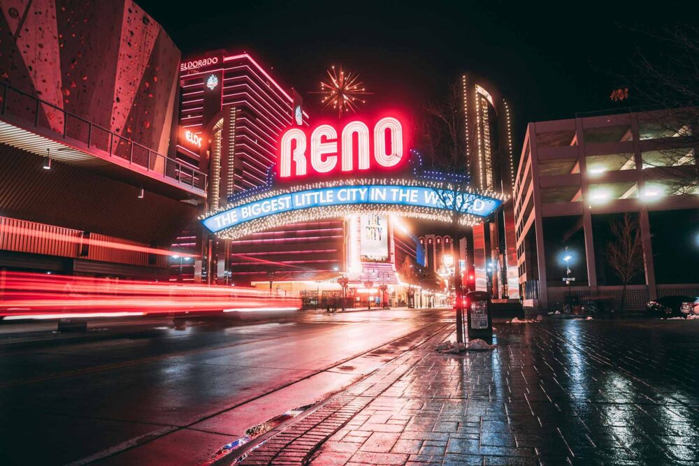 Neon sign in the middle of the street of Reno, Nevada